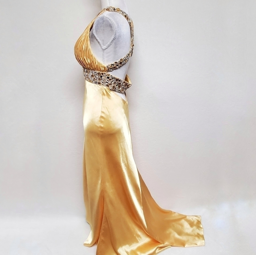 Vintage Beyond Jovani Yellow Charmeuse Shimmer V-neck Beaded Backless Maxi Dress - Picture 8 of 16